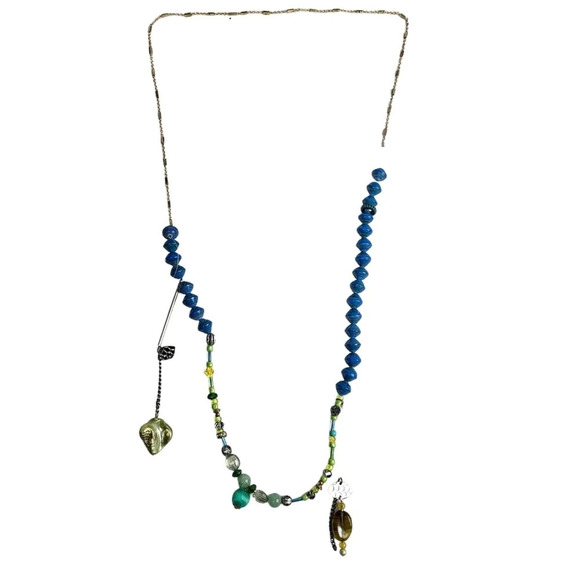 Blue Paper Beads assemblage Drop Bar Chain Rose Beads Necklace - Picture 4 of 5